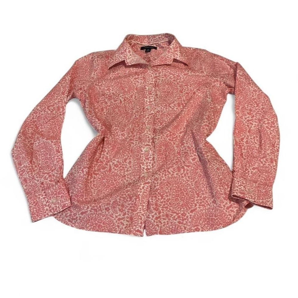 Lands End Paisley Button Down Shirt Womens 2P‎ Pink White Long Sleeve Classic